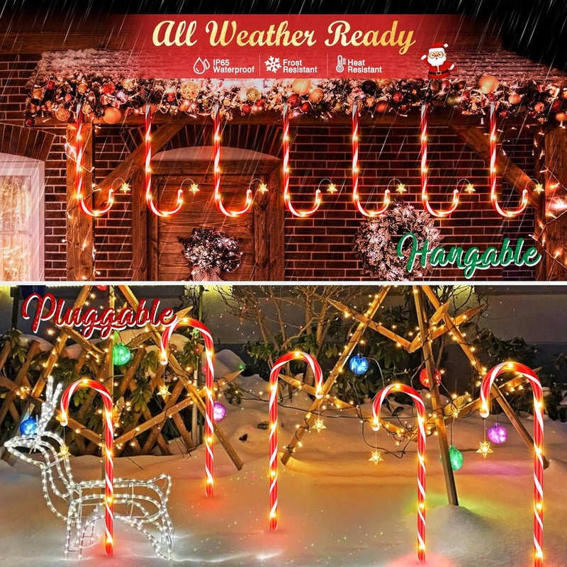 BUCASA 24 Pack Christmas Decorations Outdoor Solar Candy Cane Lights, Solar Christmas Pathway Lights with USB Charge, 10 Modes 144 LEDs Waterproof Outdoor Christmas Decorations for Yard Garden Pathway - Image 2